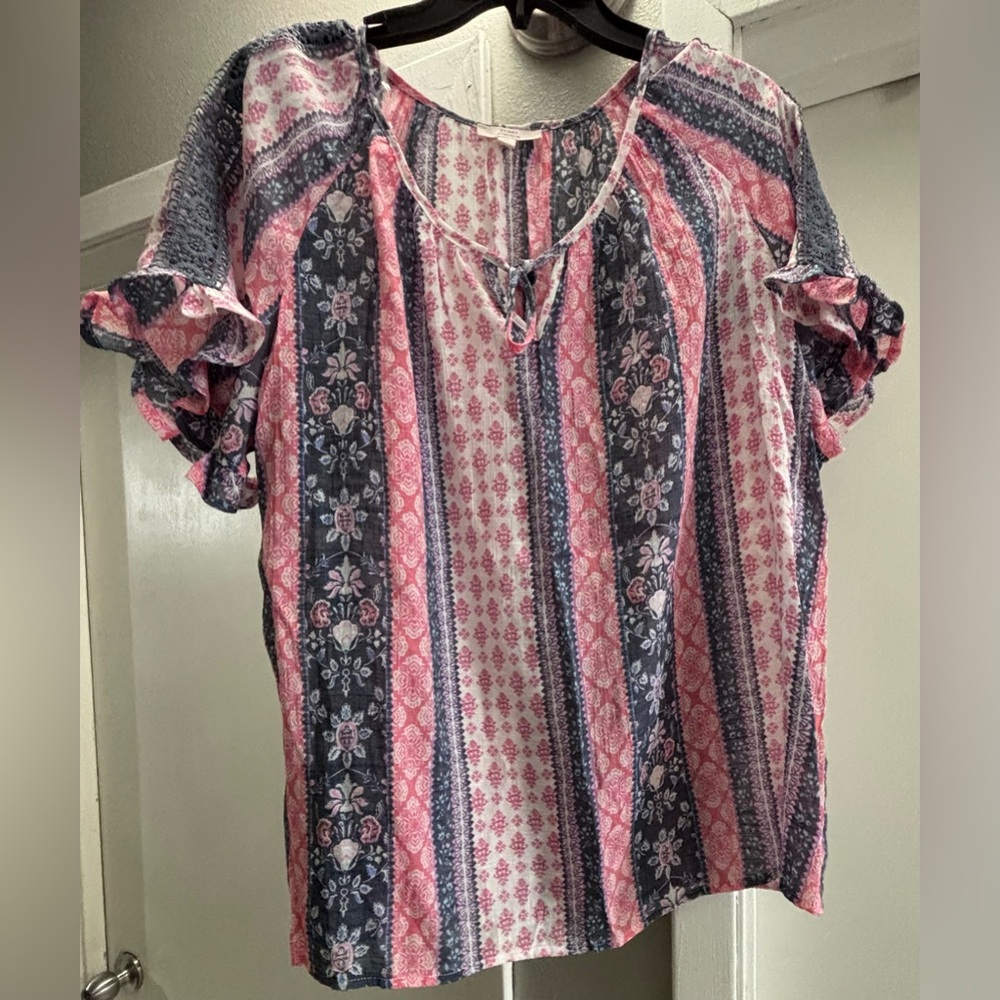 Como Vintage Pink & Navy Floral Stripe Tie-Front Blouse